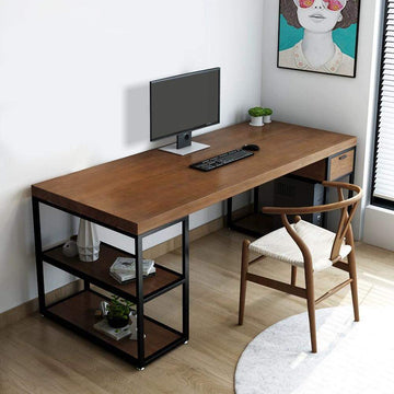 Rustic Pine Wood Computer Desk Black Loft Writing Desk with Drawers & Shelf-Desks,Furniture,Office Furniture